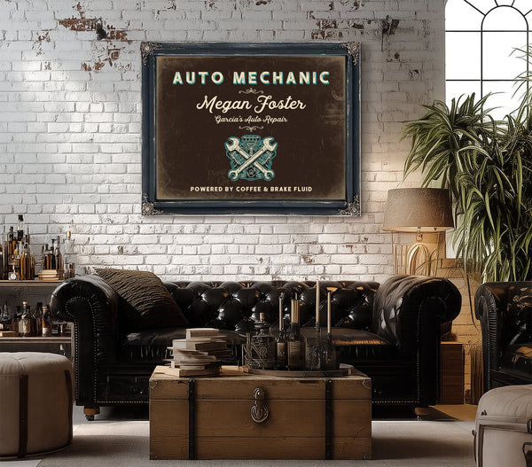Personalized Auto Mechanic Sign, Powered by Coffee & Brake Fluid, Espresso & Turquoise, image 18