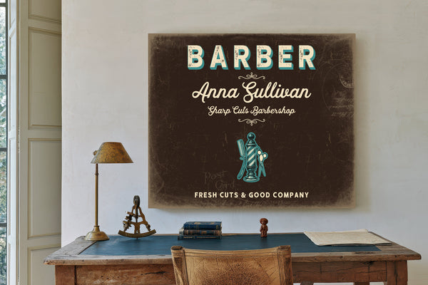 Personalized Barber Sign, Fresh Cuts & Good Company, Espresso & Turquoise, image 2