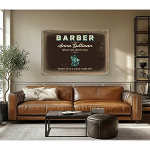 Personalized Barber Sign, Fresh Cuts & Good Company, Espresso & Turquoise, image 3