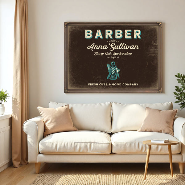 Personalized Barber Sign, Fresh Cuts & Good Company, Espresso & Turquoise, image 5