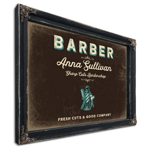 Personalized Barber Sign, Fresh Cuts & Good Company, Espresso & Turquoise, image 1