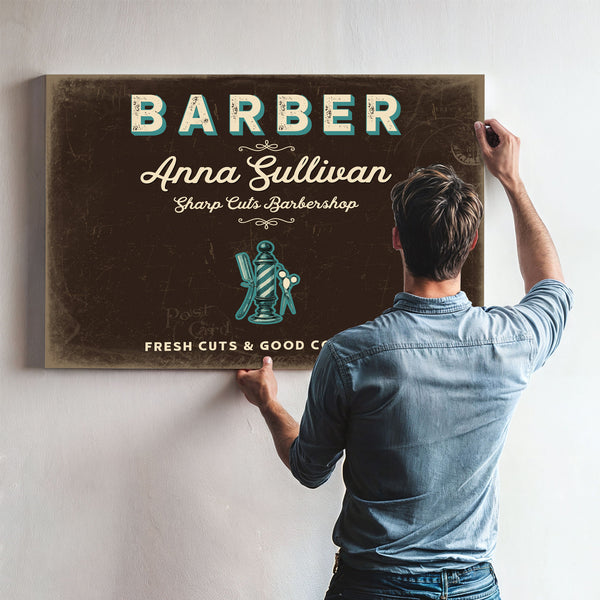 Personalized Barber Sign, Fresh Cuts & Good Company, Espresso & Turquoise, image 9