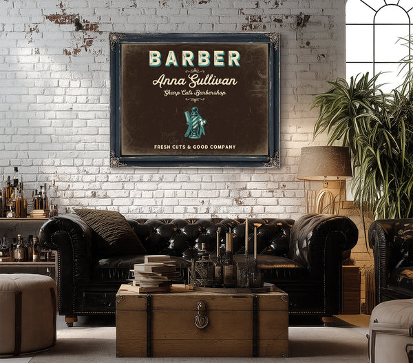 Personalized Barber Sign, Fresh Cuts & Good Company, Espresso & Turquoise, image 18