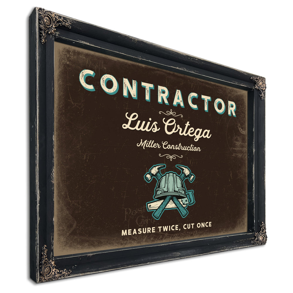 Personalized Contractor Sign, Measure Twice, Cut Once, Espresso & Turquoise, image 1