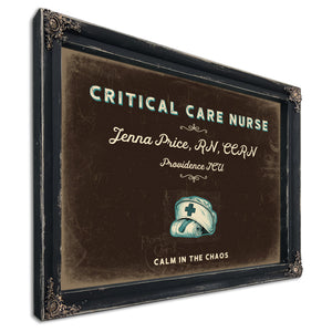 Personalized Critical Care Nurse Sign, Calm in the Chaos, Espresso & Turquoise, image 1