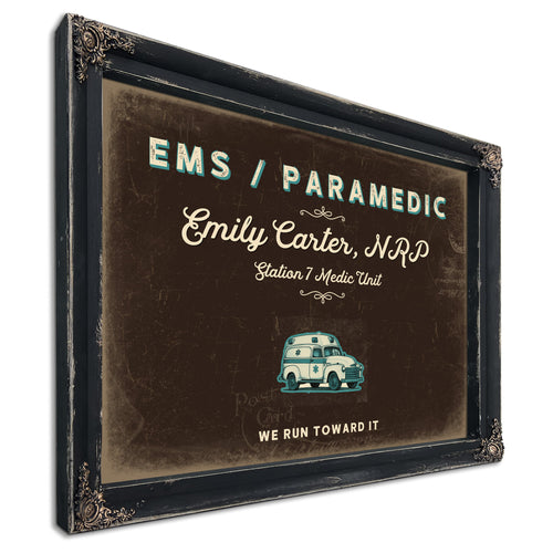 Personalized Paramedic Sign, We Run Toward It, Espresso & Turquoise, image 1
