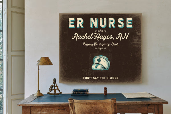 Personalized ER Nurse Sign, Don't Say the Q Word, Espresso & Turquoise, image 2
