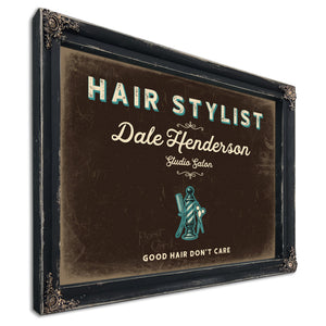 Personalized Hair Stylist Sign, Good Hair Don't Care, Espresso & Turquoise, image 1