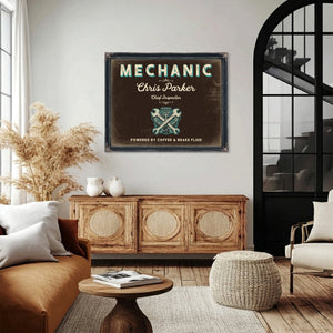 Personalized Mechanic Sign, Powered by Coffee & Brake Fluid, Espresso & Turquoise, image 4
