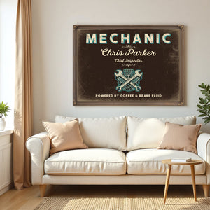 Personalized Mechanic Sign, Powered by Coffee & Brake Fluid, Espresso & Turquoise, image 5