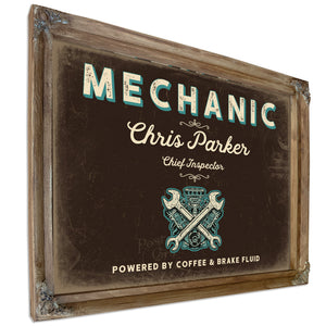 Personalized Mechanic Sign, Powered by Coffee & Brake Fluid, Espresso & Turquoise, image 6
