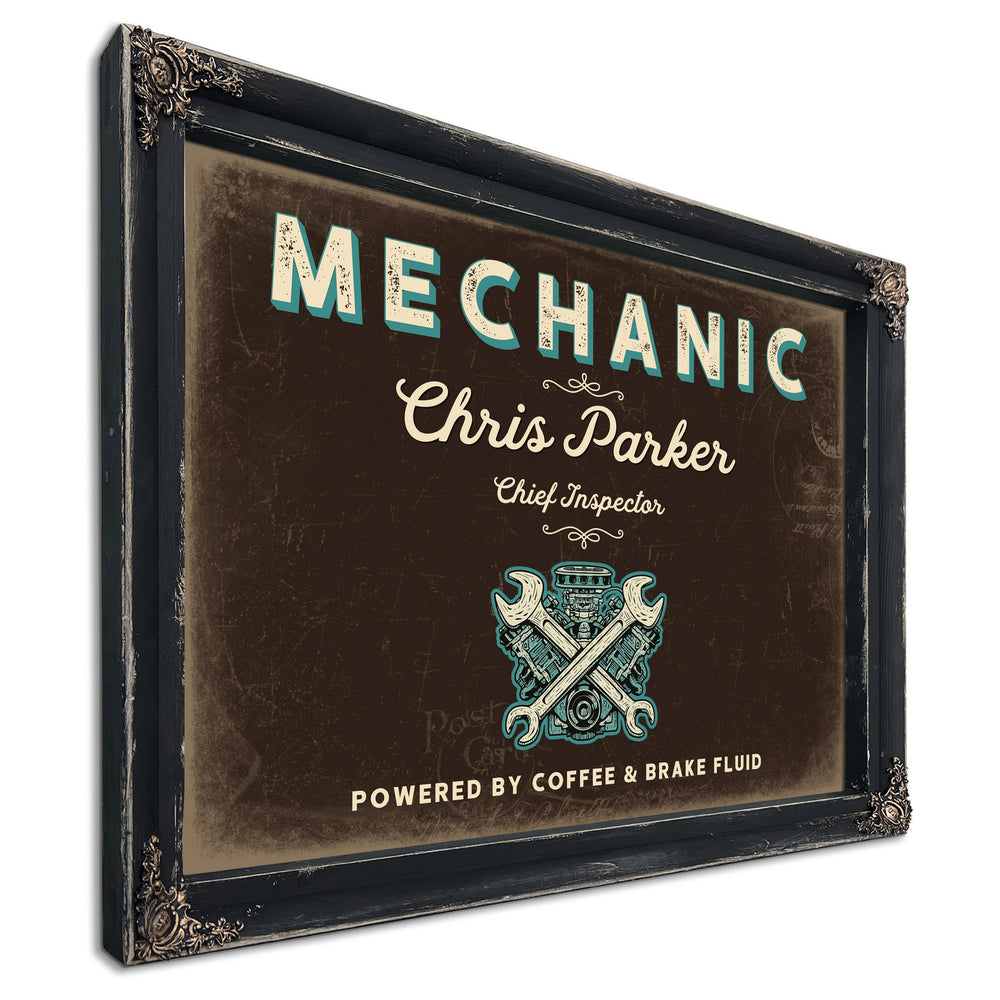 Personalized Mechanic Sign, Powered by Coffee & Brake Fluid, Espresso & Turquoise, image 1