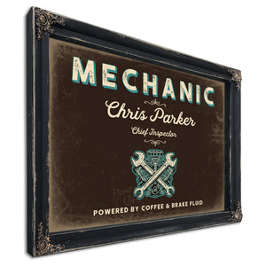 Personalized Mechanic Sign, Powered by Coffee & Brake Fluid, Espresso & Turquoise, image 1