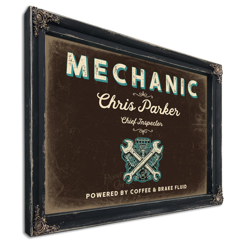 Personalized Mechanic Sign, Powered by Coffee & Brake Fluid, Espresso & Turquoise, image 1