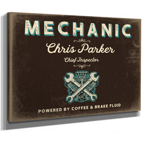 Personalized Mechanic Sign, Powered by Coffee & Brake Fluid, Espresso & Turquoise, image 8
