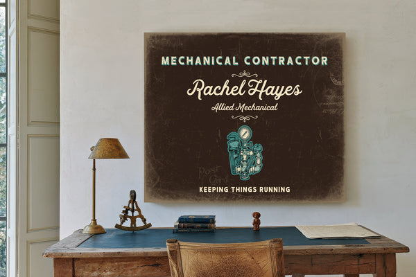 Personalized Mechanical Contractor Sign, Keeping Things Running, Espresso & Turquoise, image 2