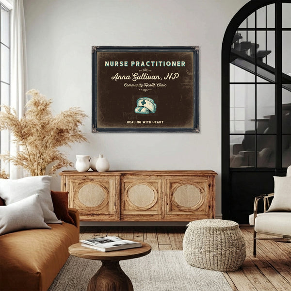 Personalized Nurse Practitioner Sign, Healing With Heart, Espresso & Turquoise, image 4