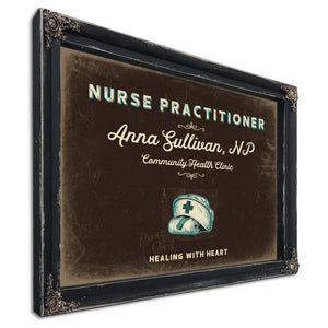 Personalized Nurse Practitioner Sign, Healing With Heart, Espresso & Turquoise, image 1