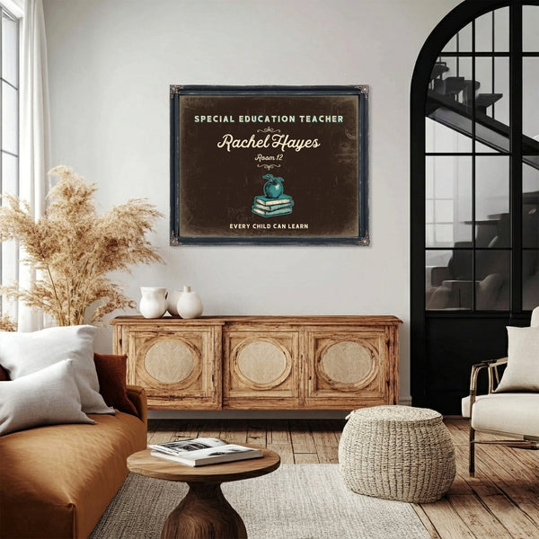 Personalized Special Education Teacher Sign, Every Child Can Learn, Espresso & Turquoise, image 4