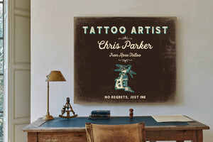 Personalized Tattoo Artist Sign, No Regrets, Just Ink, Espresso & Turquoise, image 2