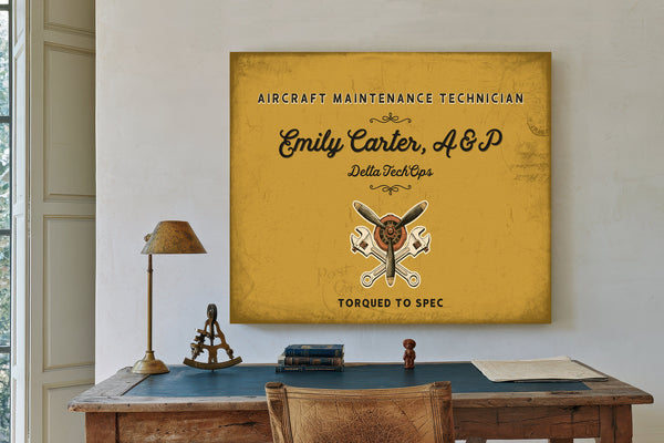 Personalized Aircraft Maintenance Technician Sign, Torqued to Spec, Mustard & Black, image 2