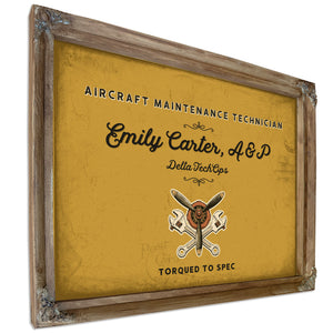 Personalized Aircraft Maintenance Technician Sign, Torqued to Spec, Mustard & Black, image 6