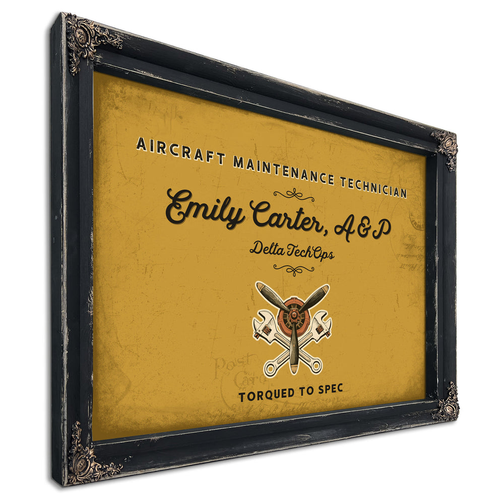 Personalized Aircraft Maintenance Technician Sign, Torqued to Spec, Mustard & Black, image 1