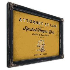Personalized Attorney at Law Sign, I Rest My Case, Mustard & Black, image 1