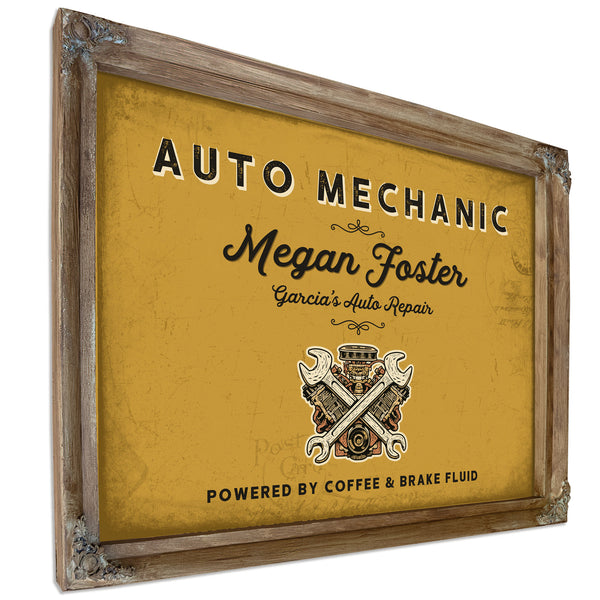 Personalized Auto Mechanic Sign, Powered by Coffee & Brake Fluid, Mustard & Black, image 6