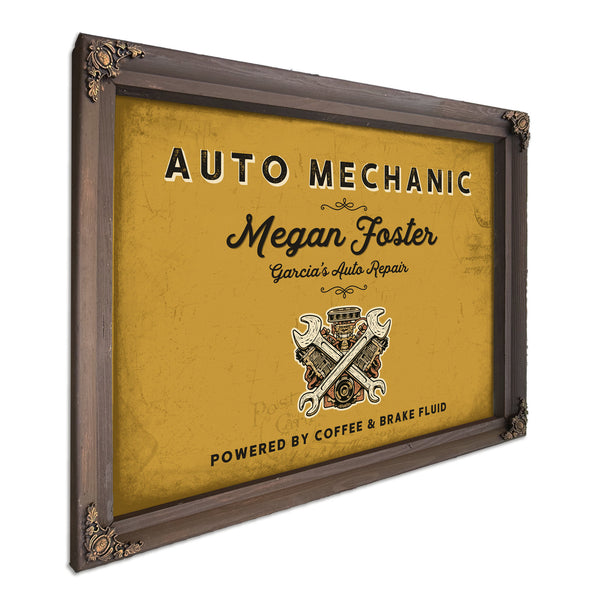 Personalized Auto Mechanic Sign, Powered by Coffee & Brake Fluid, Mustard & Black, image 7