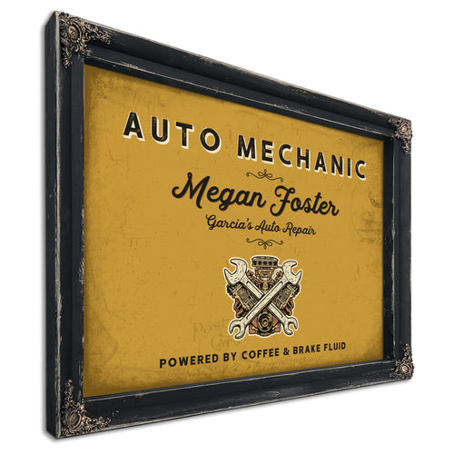 Personalized Auto Mechanic Sign, Powered by Coffee & Brake Fluid, Mustard & Black, image 1