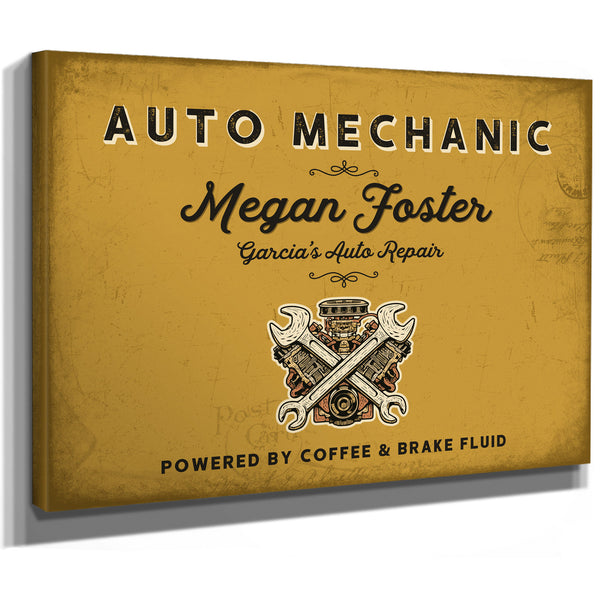 Personalized Auto Mechanic Sign, Powered by Coffee & Brake Fluid, Mustard & Black, image 8