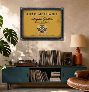 Personalized Auto Mechanic Sign, Powered by Coffee & Brake Fluid, Mustard & Black, image 20