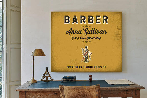 Personalized Barber Sign, Fresh Cuts & Good Company, Mustard & Black, image 2