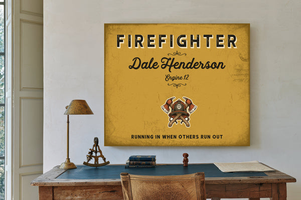 Personalized Firefighter Sign, Running In When Others Run Out, Mustard & Black, image 2