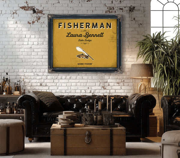 Personalized Fisherman Sign, Gone Fishin', Mustard & Black, image 18