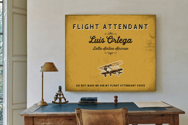 Personalized Flight Attendant Sign, Do Not Make Me Use My Flight Attendant Voice, Mustard & Black, image 2