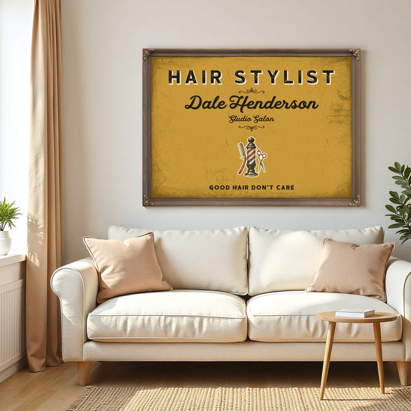 Personalized Hair Stylist Sign, Good Hair Don't Care, Mustard & Black, image 5