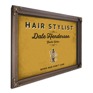 Personalized Hair Stylist Sign, Good Hair Don't Care, Mustard & Black, image 7