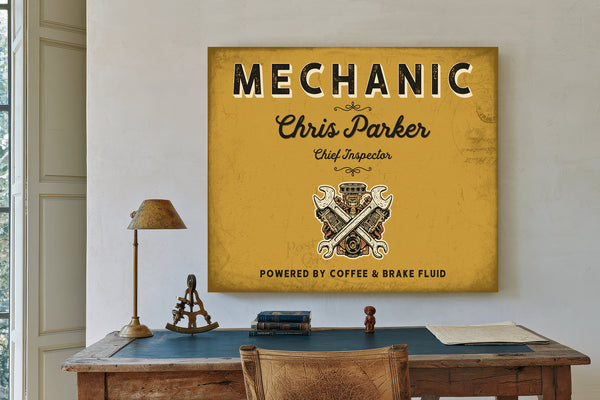 Personalized Mechanic Sign, Powered by Coffee & Brake Fluid, Mustard & Black, image 2