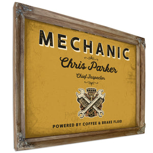 Personalized Mechanic Sign, Powered by Coffee & Brake Fluid, Mustard & Black, image 6