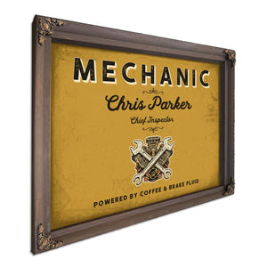 Personalized Mechanic Sign, Powered by Coffee & Brake Fluid, Mustard & Black, image 7