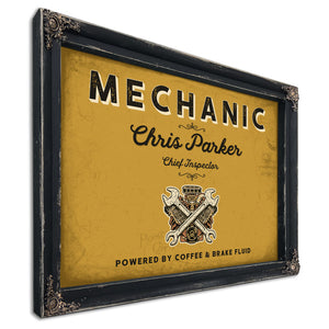 Personalized Mechanic Sign, Powered by Coffee & Brake Fluid, Mustard & Black, image 1