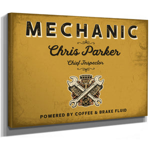 Personalized Mechanic Sign, Powered by Coffee & Brake Fluid, Mustard & Black, image 8