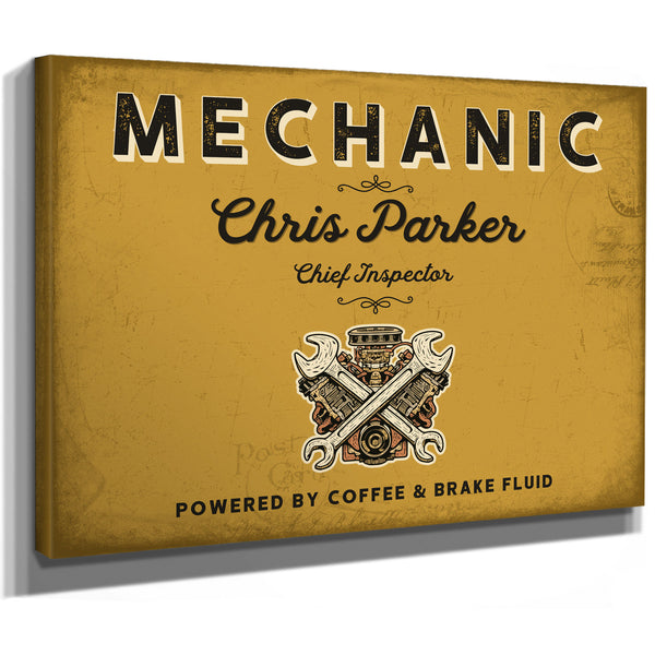 Personalized Mechanic Sign, Powered by Coffee & Brake Fluid, Mustard & Black, image 8