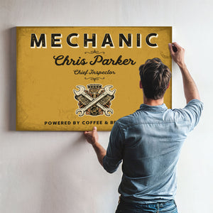 Personalized Mechanic Sign, Powered by Coffee & Brake Fluid, Mustard & Black, image 9
