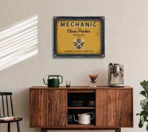 Personalized Mechanic Sign, Powered by Coffee & Brake Fluid, Mustard & Black, image 15