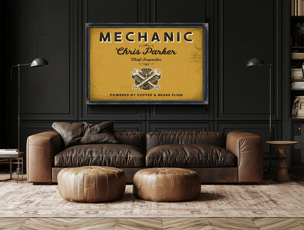 Personalized Mechanic Sign, Powered by Coffee & Brake Fluid, Mustard & Black, image 17