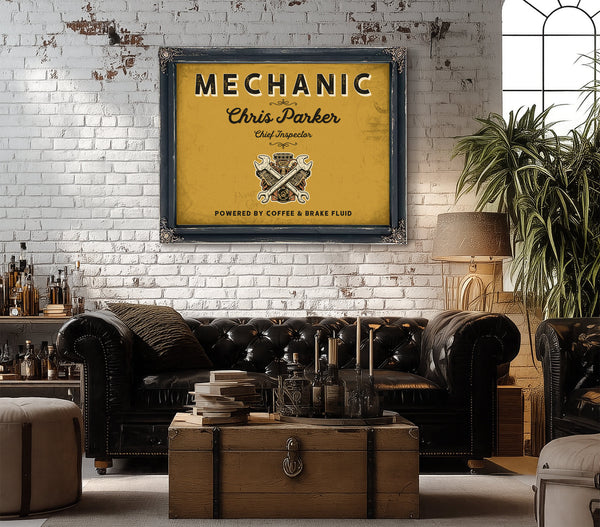 Personalized Mechanic Sign, Powered by Coffee & Brake Fluid, Mustard & Black, image 18