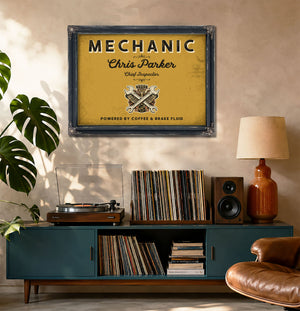 Personalized Mechanic Sign, Powered by Coffee & Brake Fluid, Mustard & Black, image 20